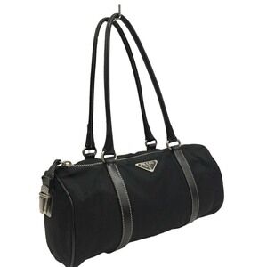 Prada Boston Bag Triangular Plate Nylon Leather Black